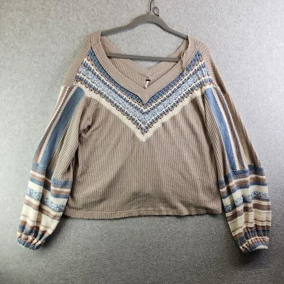 Free People Sweater Womens XS Copenhagen Thermal Waffle Contrasting Sleeves - Picture 7 of 16